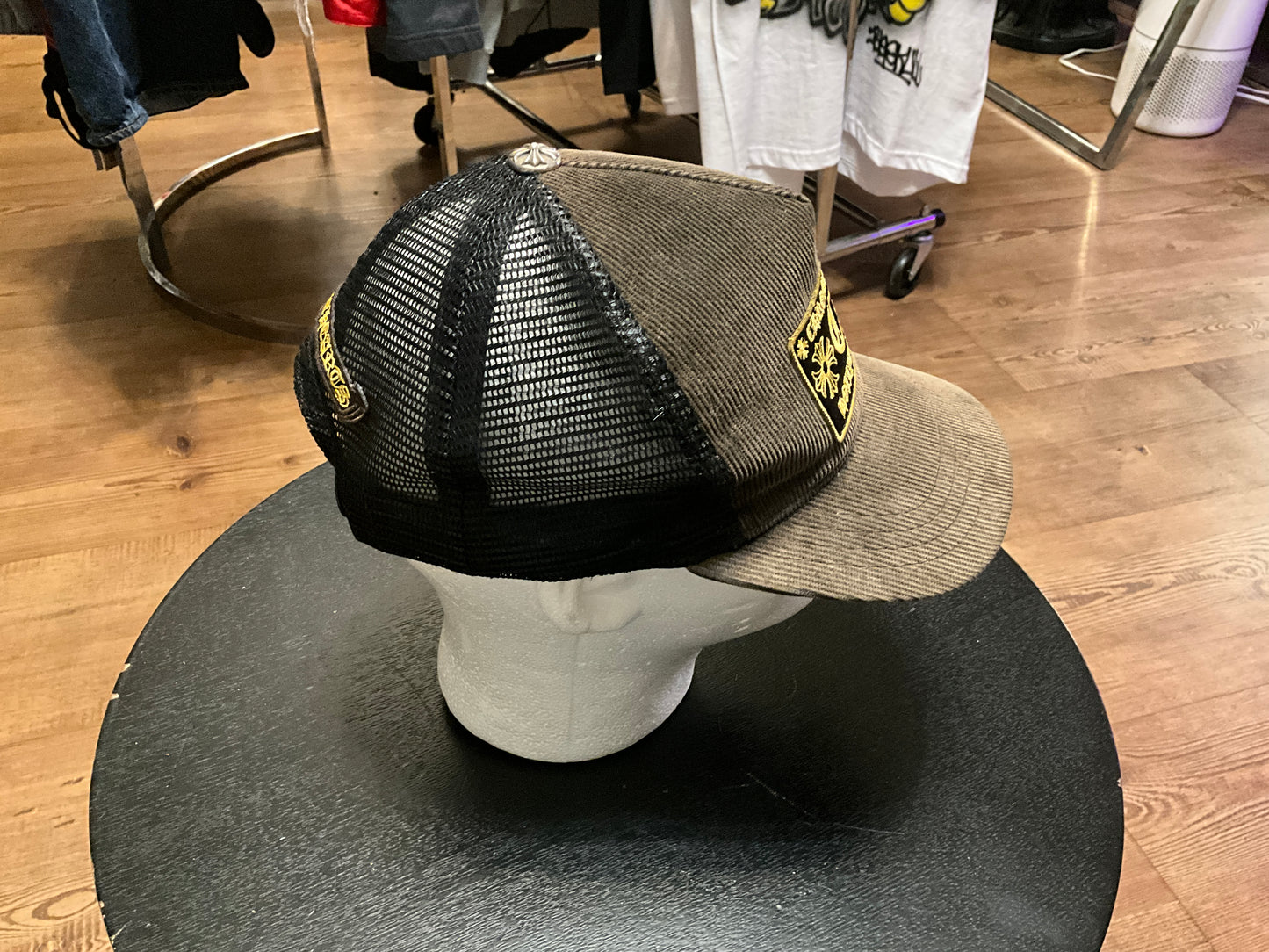 Chrome Hearts Hollywood Corduroy Trucker Hat Black Gold Gothic CH Patch