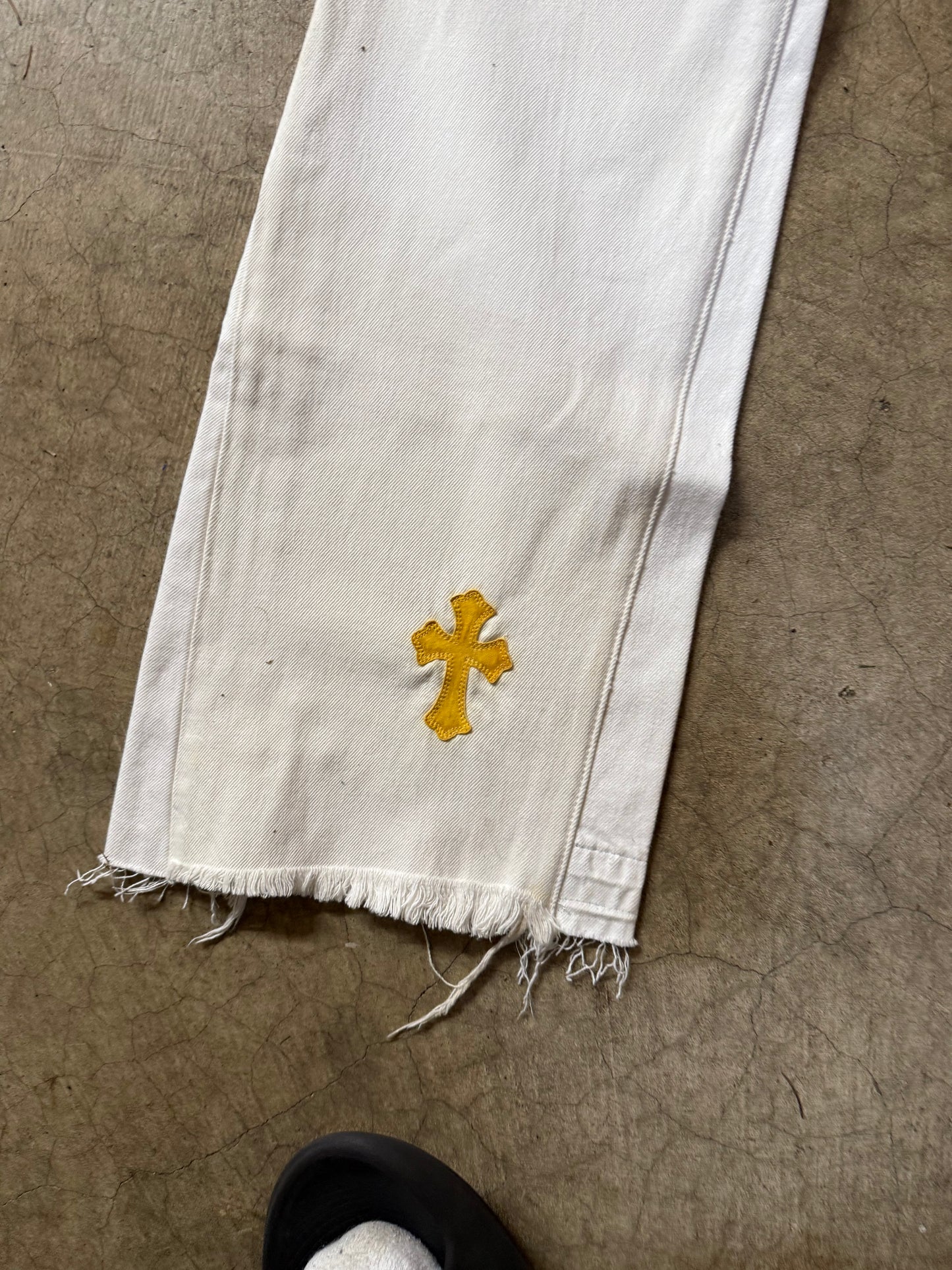 Chrome Hearts Levis White and Yellow Cross Patch Jeans