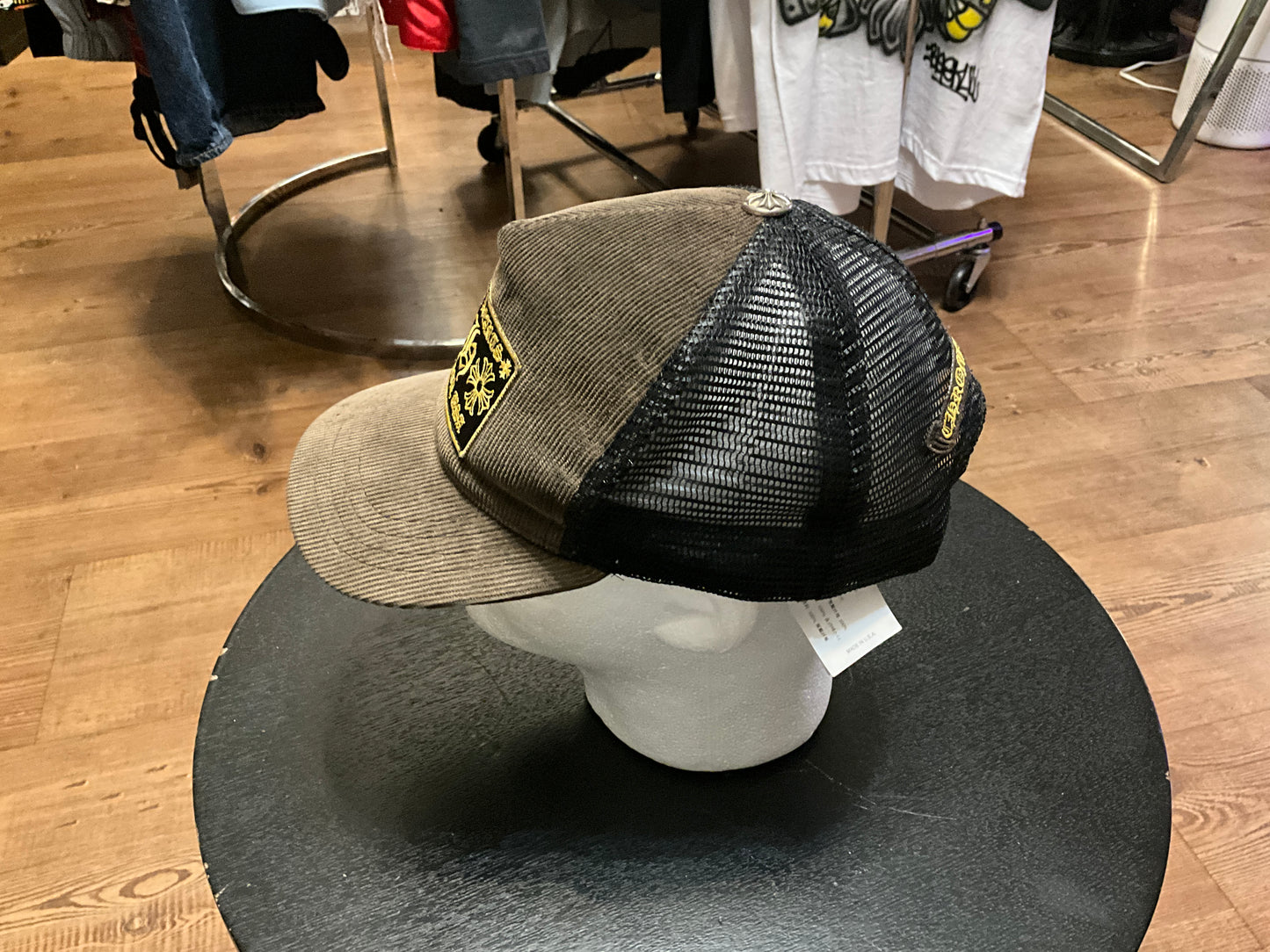 Chrome Hearts Hollywood Corduroy Trucker Hat Black Gold Gothic CH Patch