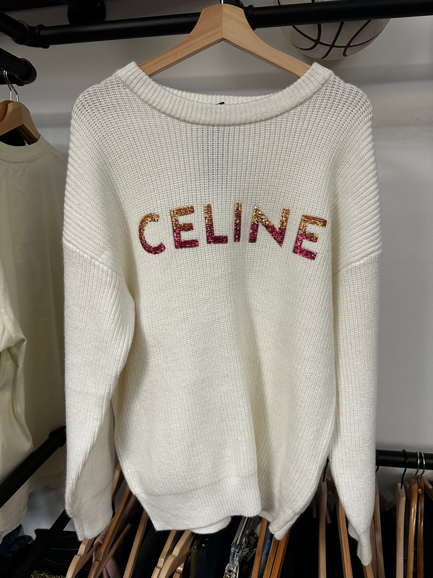 Celine Sequin Logo Wool Crewneck (L)