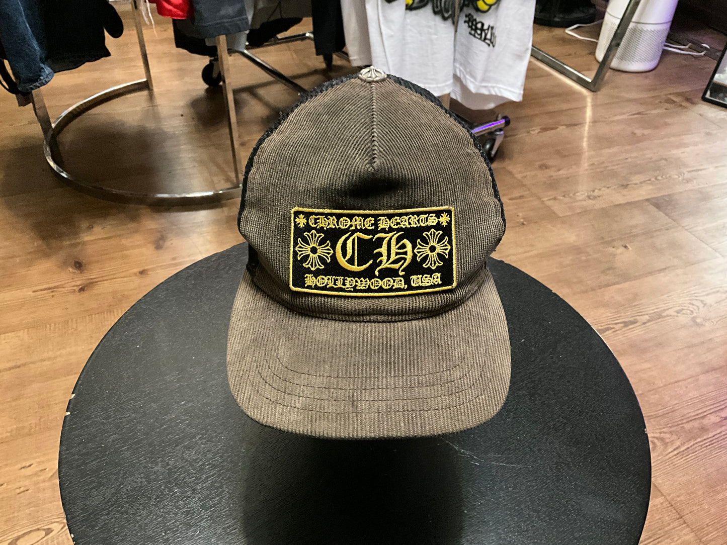 Chrome Hearts Hollywood Corduroy Trucker Hat Black Gold Gothic CH Patch
