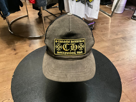 Chrome Hearts Hollywood Corduroy Trucker Hat Black Gold Gothic CH Patch