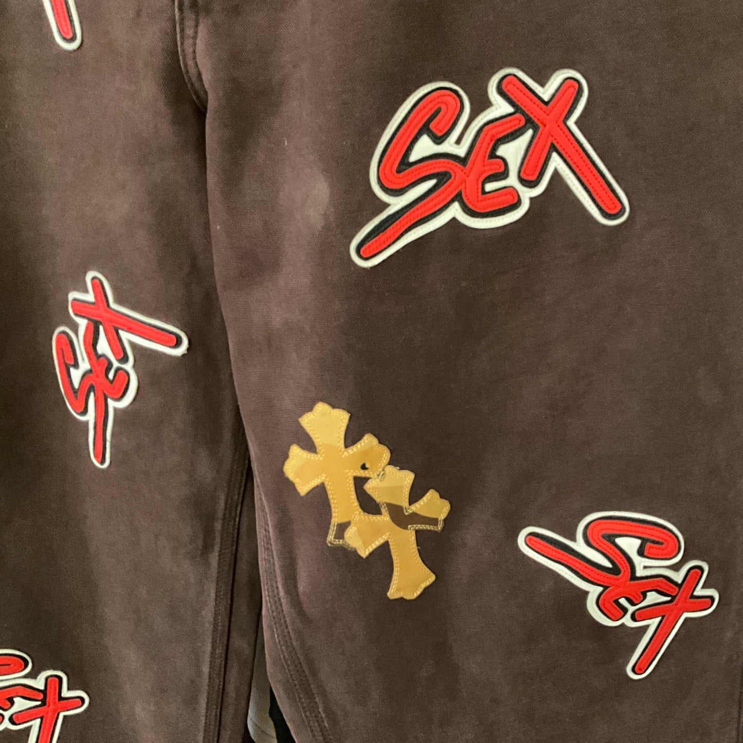 Chrome Hearts Matty Boy Sex Records Carpenter Pants Dark Brown Leather Cross Patch Graphic Pants Size 34x33
