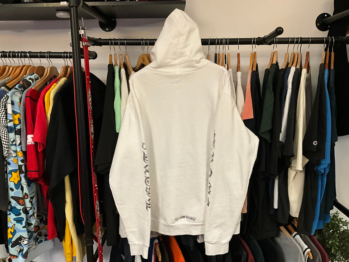 Chrome Hearts Vertical Logo Hoodie White with Silver Graphic Size L