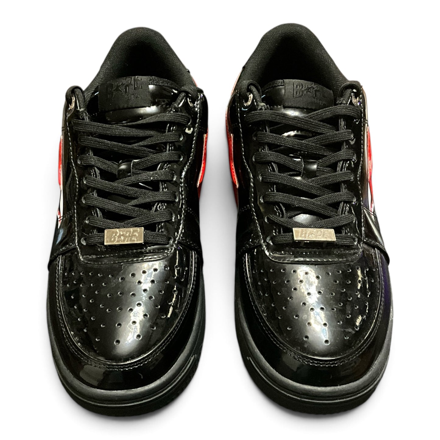 A Bathing Ape Bapesta Low Black Shark Face Patent Leather Sneakers Red Shark Size 10