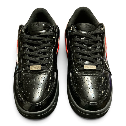 A Bathing Ape Bapesta Low Black Shark Face Patent Leather Sneakers Red Shark Size 10