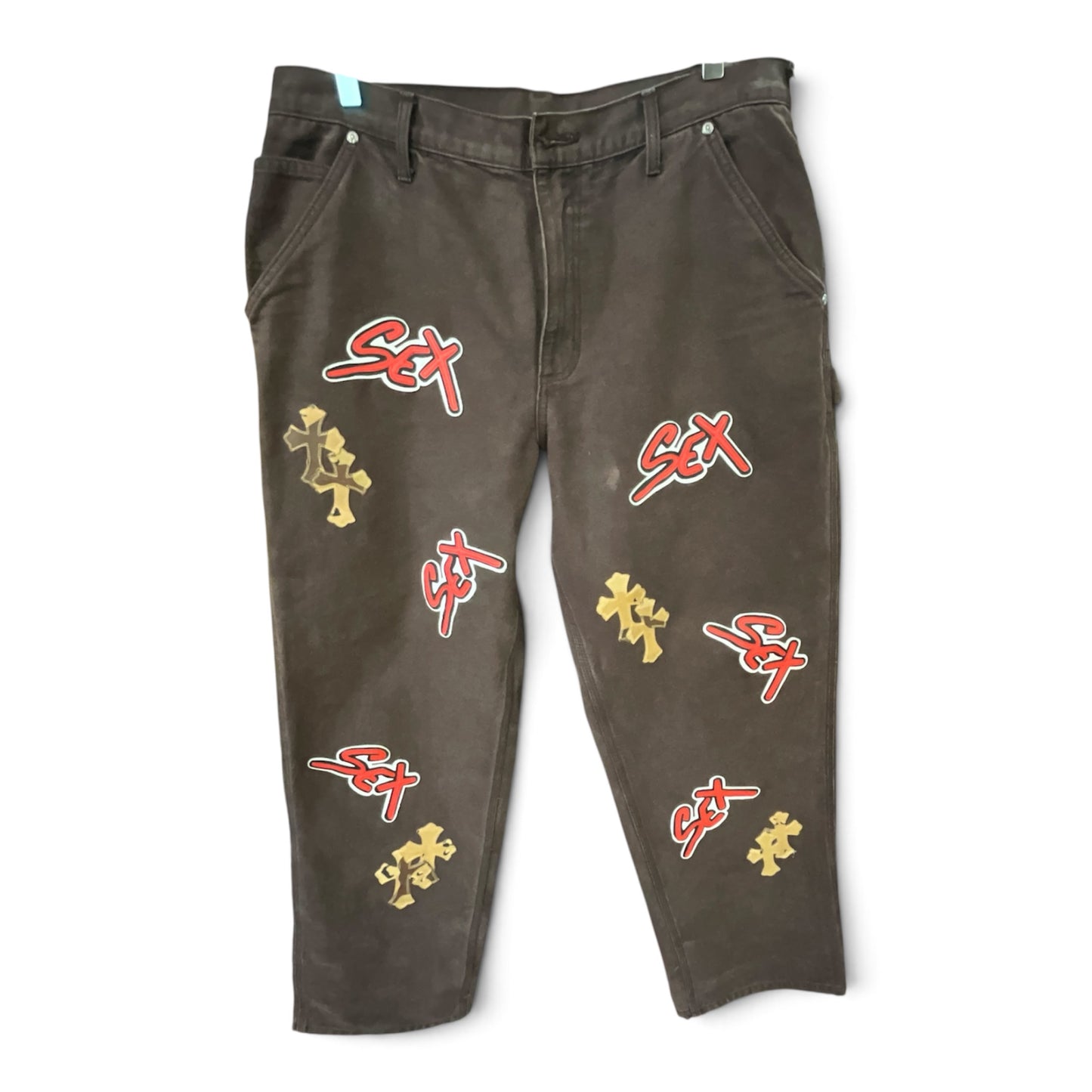 Chrome Hearts Matty Boy Sex Records Carpenter Pants Dark Brown Leather Cross Patch Graphic Pants Size 34x33