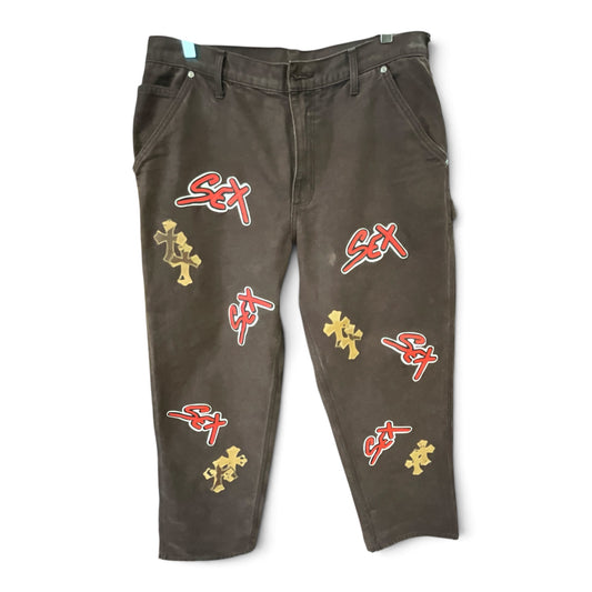 Chrome Hearts Matty Boy Sex Records Carpenter Pants Dark Brown Leather Cross Patch Graphic Pants Size 34x33