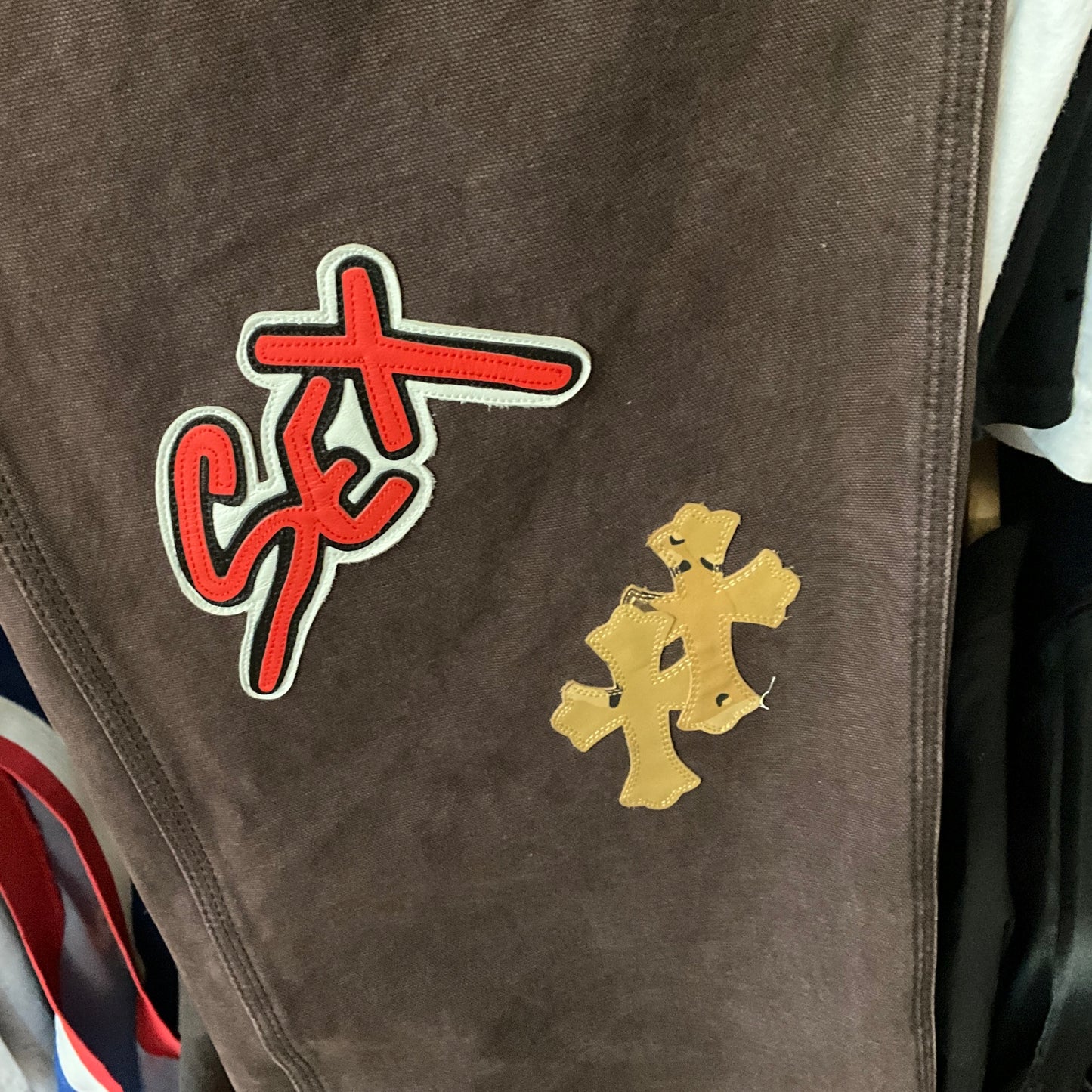 Chrome Hearts Matty Boy Sex Records Carpenter Pants Dark Brown Leather Cross Patch Graphic Pants Size 34x33