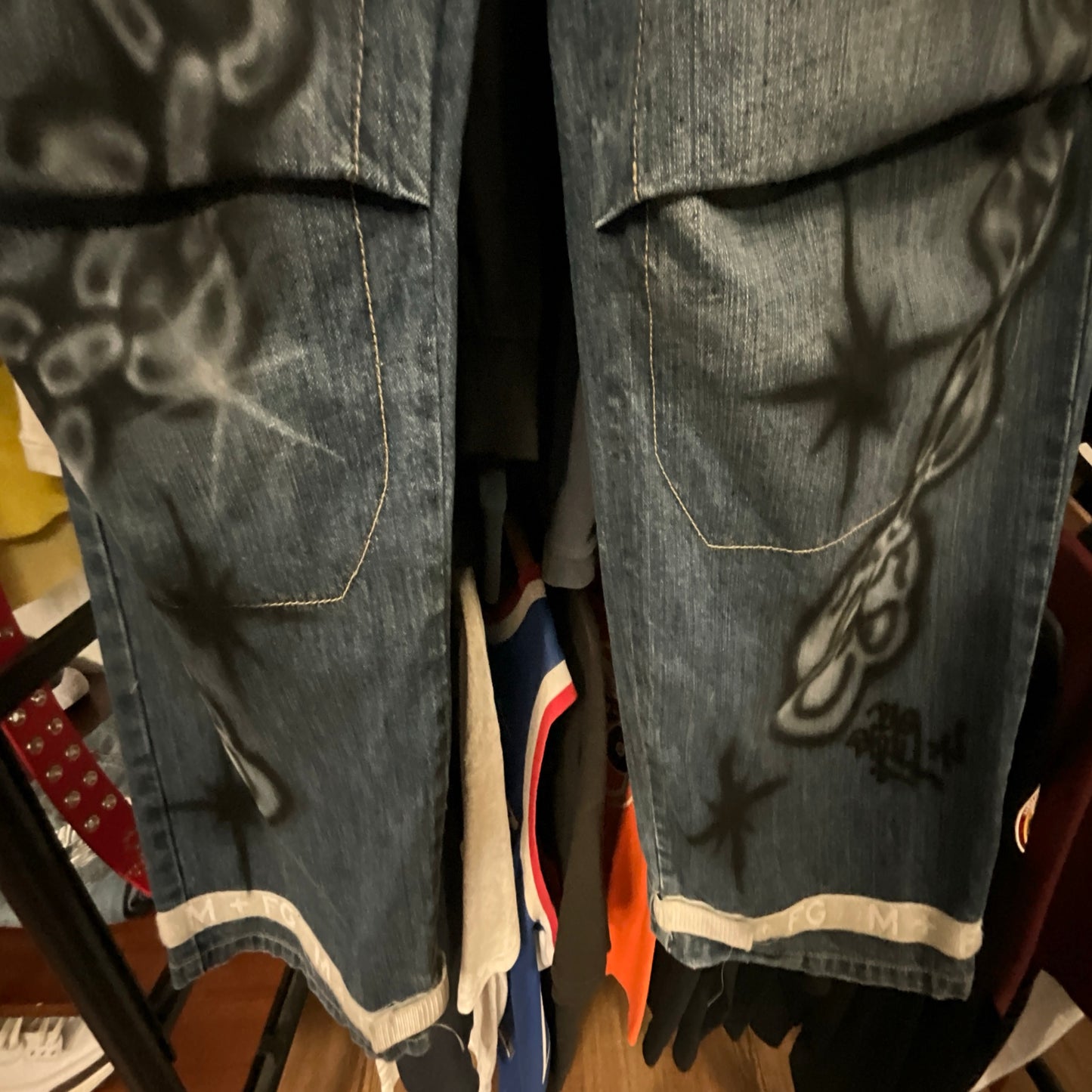 Marithé + François Girbaud Cargo Pants Big Skull Custom Airbrush Chains Stars Custom Art 34x33