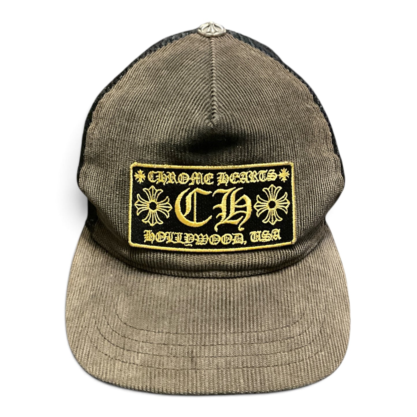 Chrome Hearts Hollywood Corduroy Trucker Hat Black Gold Gothic CH Patch