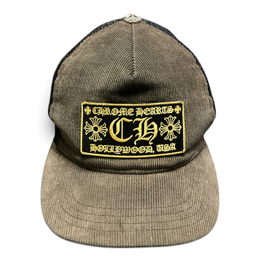 Chrome Hearts Hollywood Corduroy Trucker Hat Black Gold Gothic CH Patch