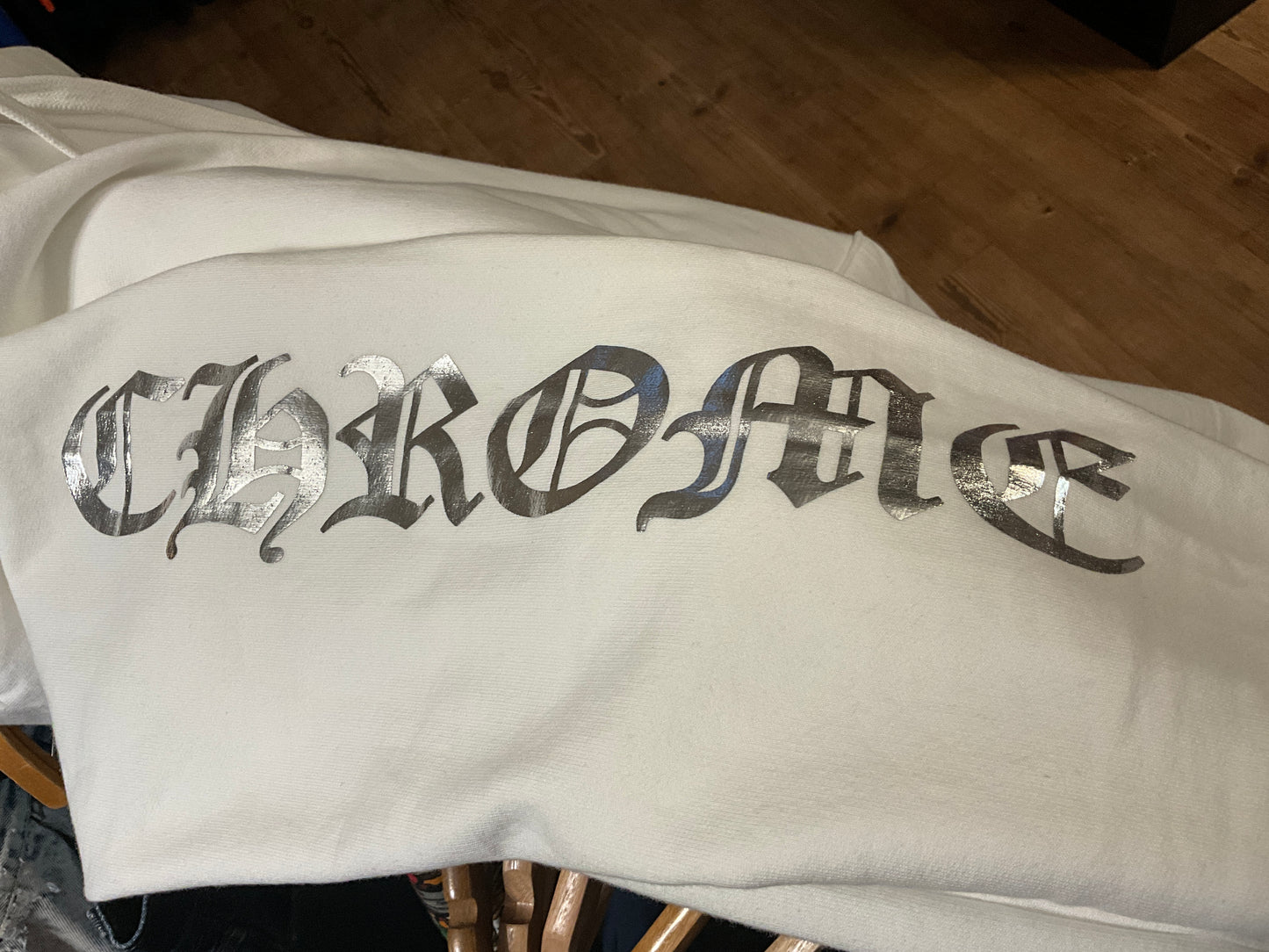 Chrome Hearts Vertical Logo Hoodie White with Silver Graphic Size L