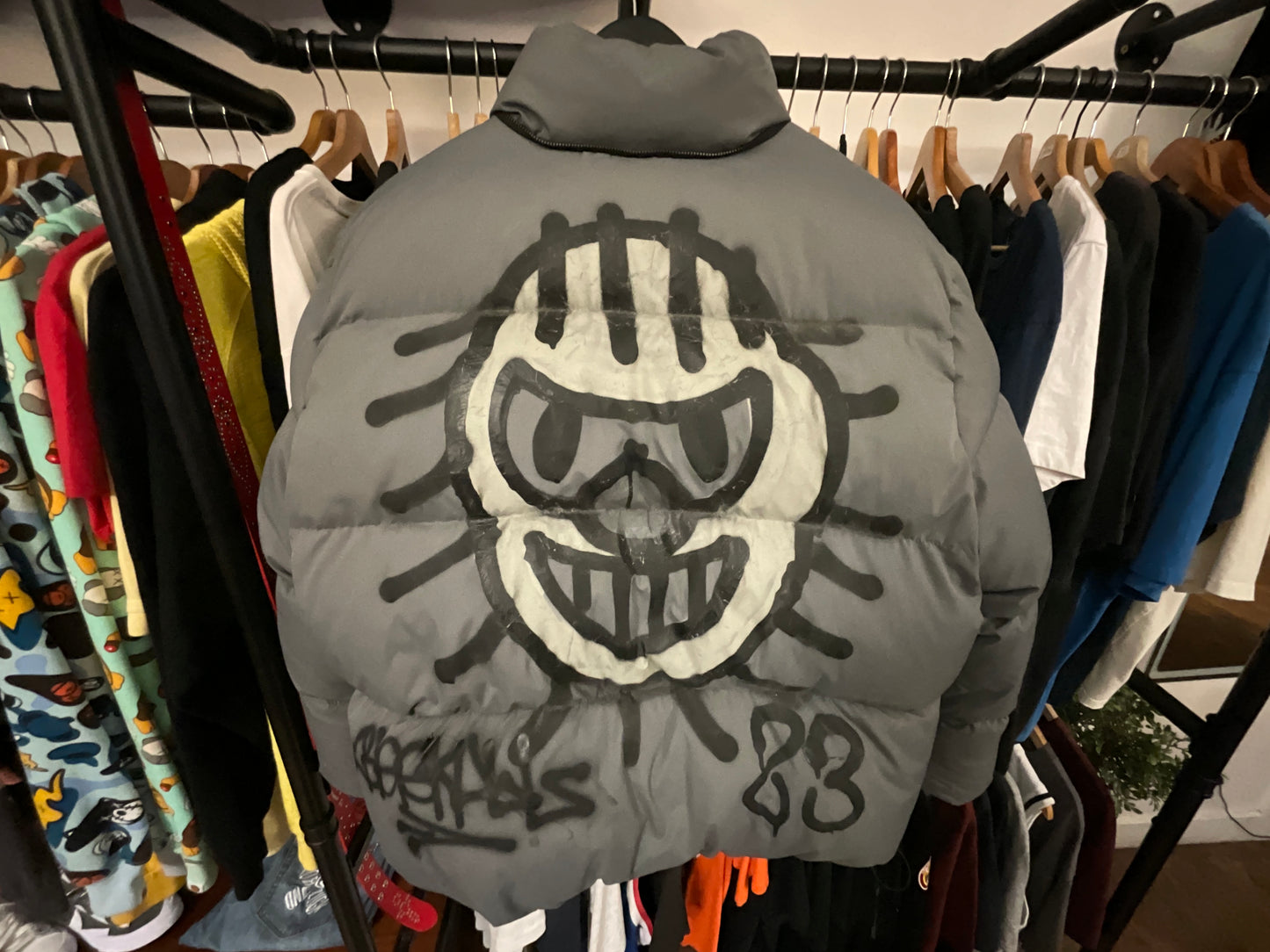 Banana Republic x Big Skull Custom Painted Puffer Jacket Slate Gray Size M