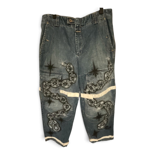 Marithé + François Girbaud Cargo Pants Big Skull Custom Airbrush Chains Stars Custom Art 34x33