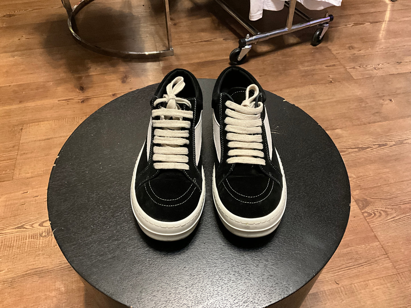 Rick Owens Vintage Low Sneaks Black Milk Suede Oversized Lace Designer Sneakers - 10.5”