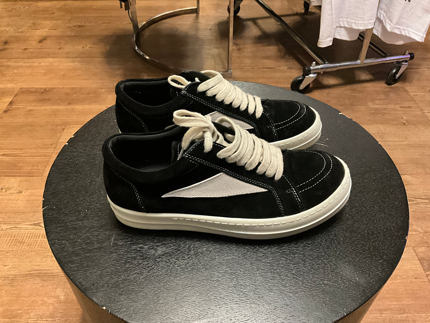 Rick Owens Vintage Low Sneaks Black Milk Suede Oversized Lace Designer Sneakers - 10.5”