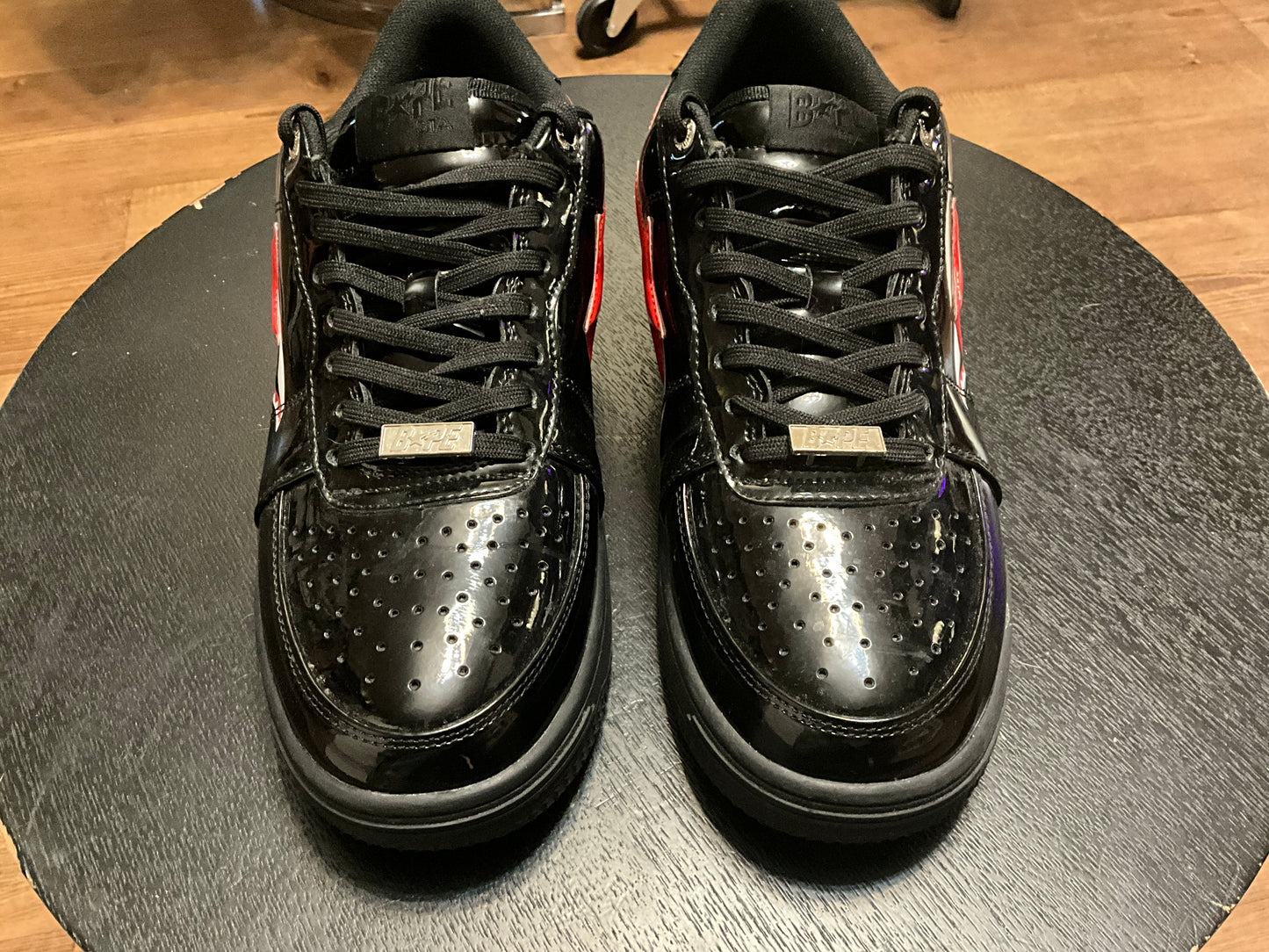 A Bathing Ape Bapesta Low Black Shark Face Patent Leather Sneakers Red Shark Size 10