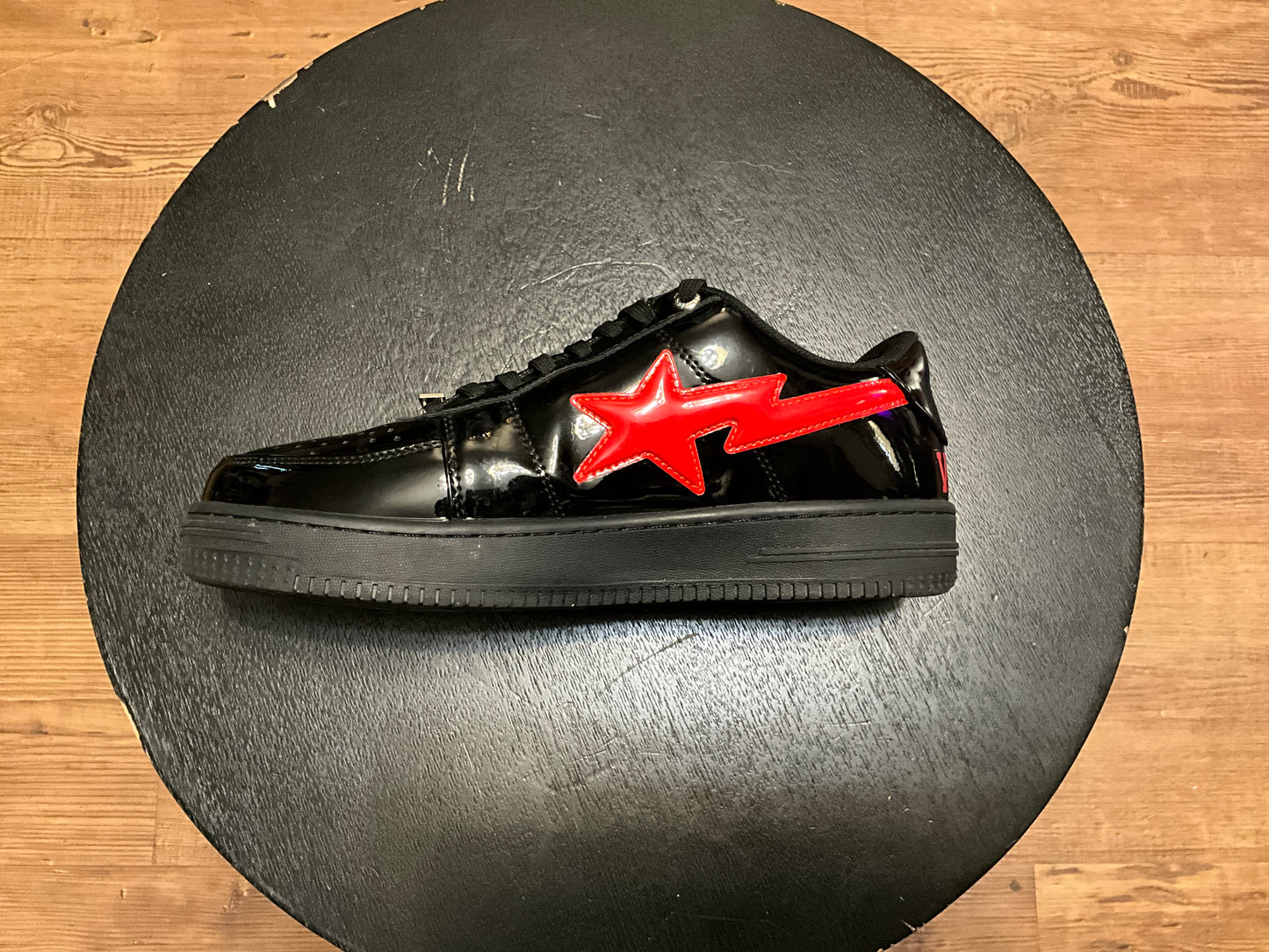 A Bathing Ape Bapesta Low Black Shark Face Patent Leather Sneakers Red Shark Size 10