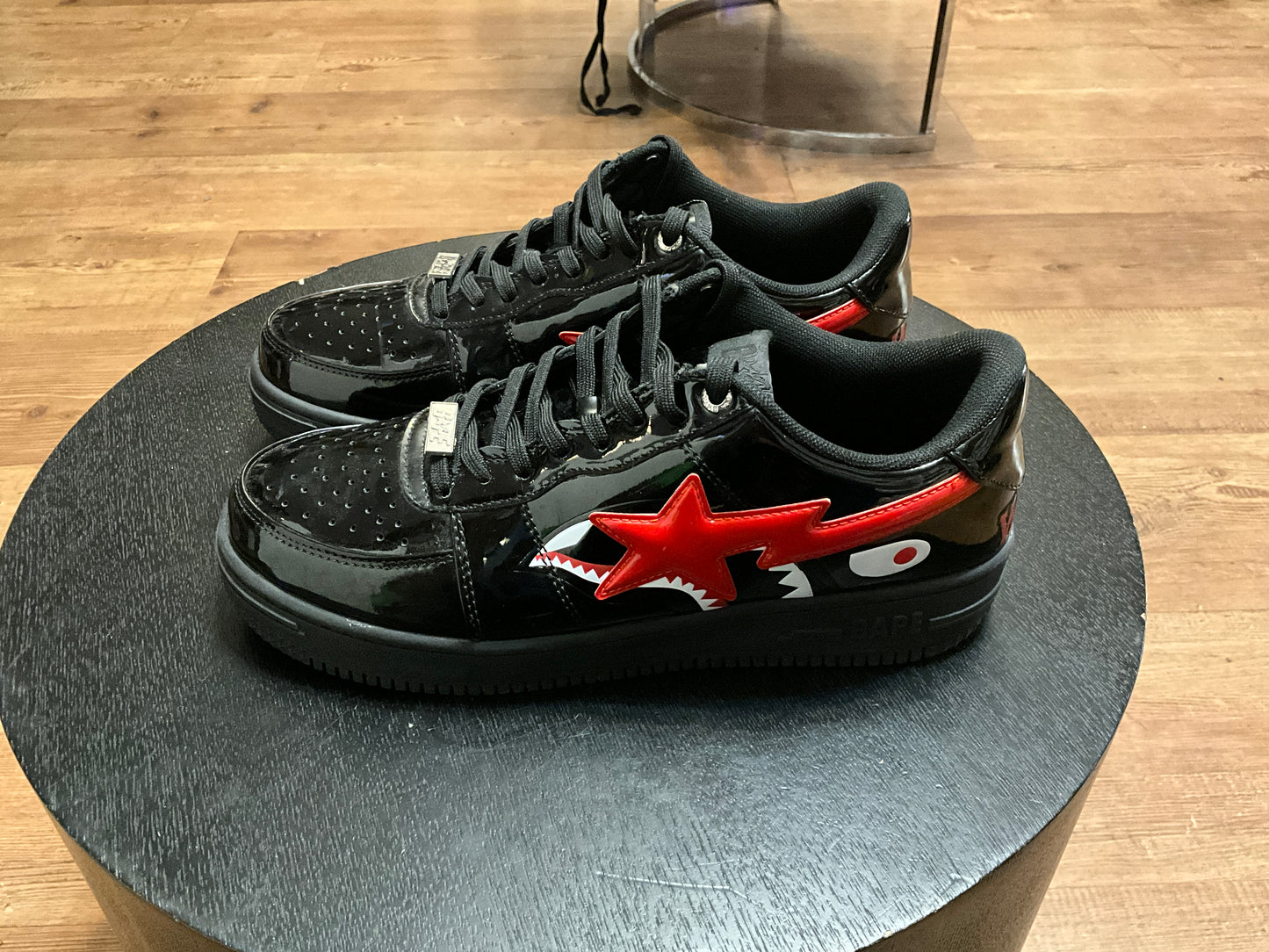 A Bathing Ape Bapesta Low Black Shark Face Patent Leather Sneakers Red Shark Size 10