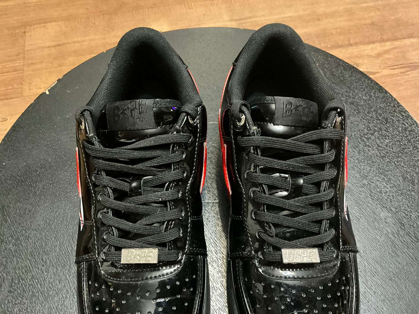 A Bathing Ape Bapesta Low Black Shark Face Patent Leather Sneakers Red Shark Size 10