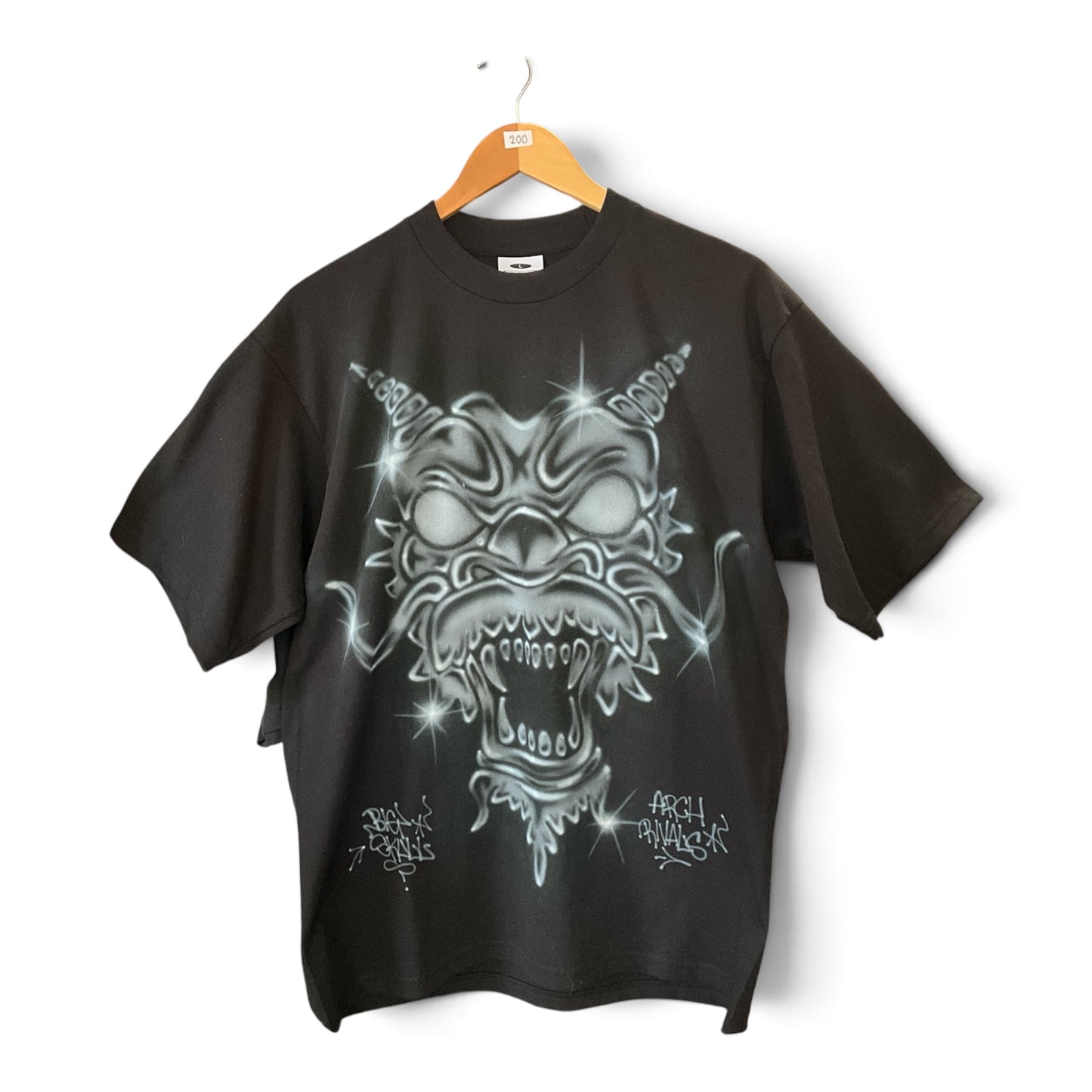 Big Skull Custom Airbrushed Pro Club Heavy Weight T-Shirt Big Dragon Graphic Black Size L