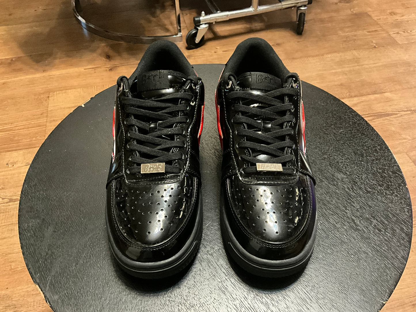 A Bathing Ape Bapesta Low Black Shark Face Patent Leather Sneakers Red Shark Size 10