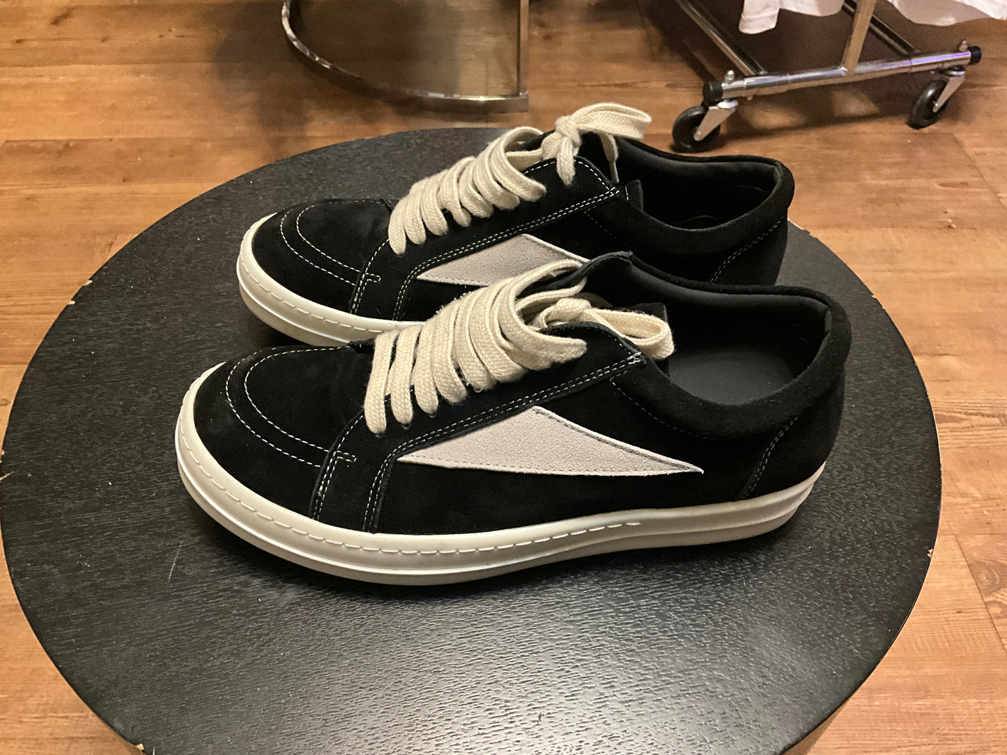 Rick Owens Vintage Low Sneaks Black Milk Suede Oversized Lace Designer Sneakers - 10.5”