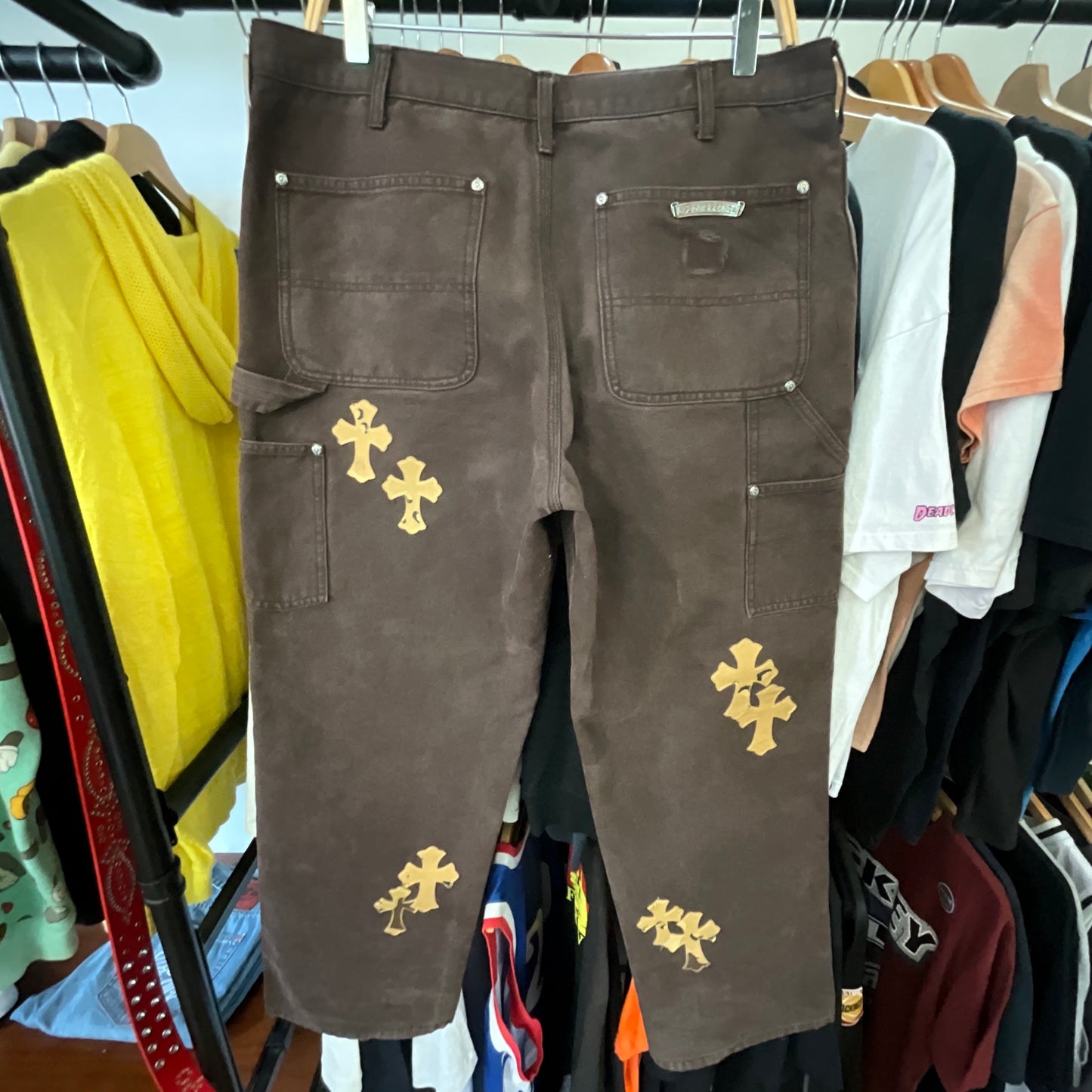 Chrome Hearts Matty Boy Sex Records Carpenter Pants Dark Brown Leather Cross Patch Graphic Pants Size 34x33