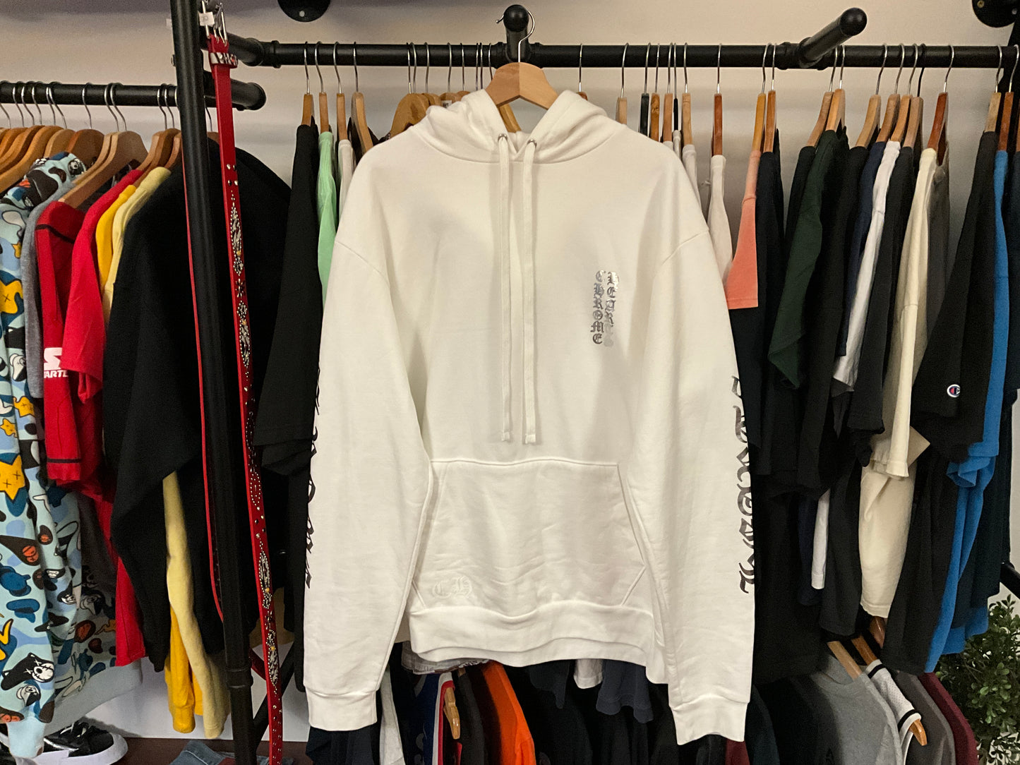 Chrome Hearts Vertical Logo Hoodie White with Silver Graphic Size L