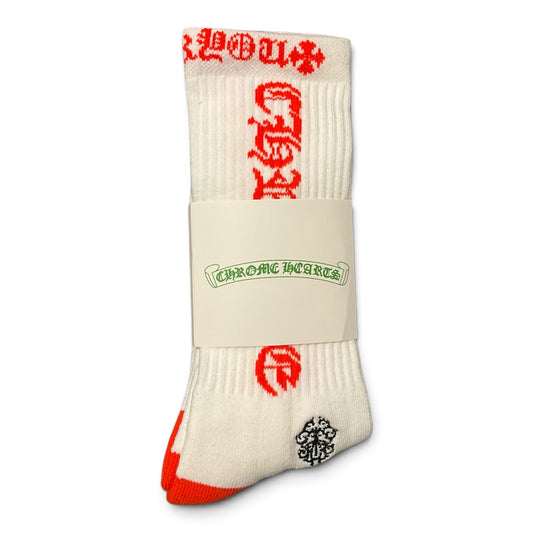 Chrome Hearts White Red Logo Crew Socks Old English Graphic FU Motif Designer Socks Size L