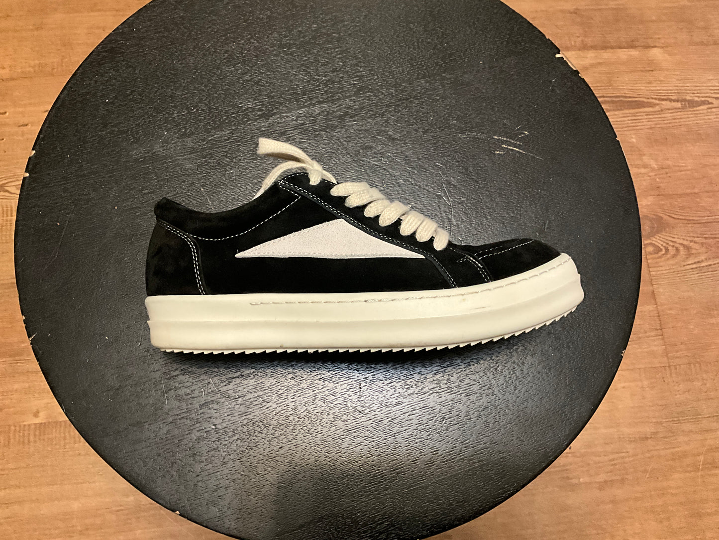 Rick Owens Vintage Low Sneaks Black Milk Suede Oversized Lace Designer Sneakers - 10.5”
