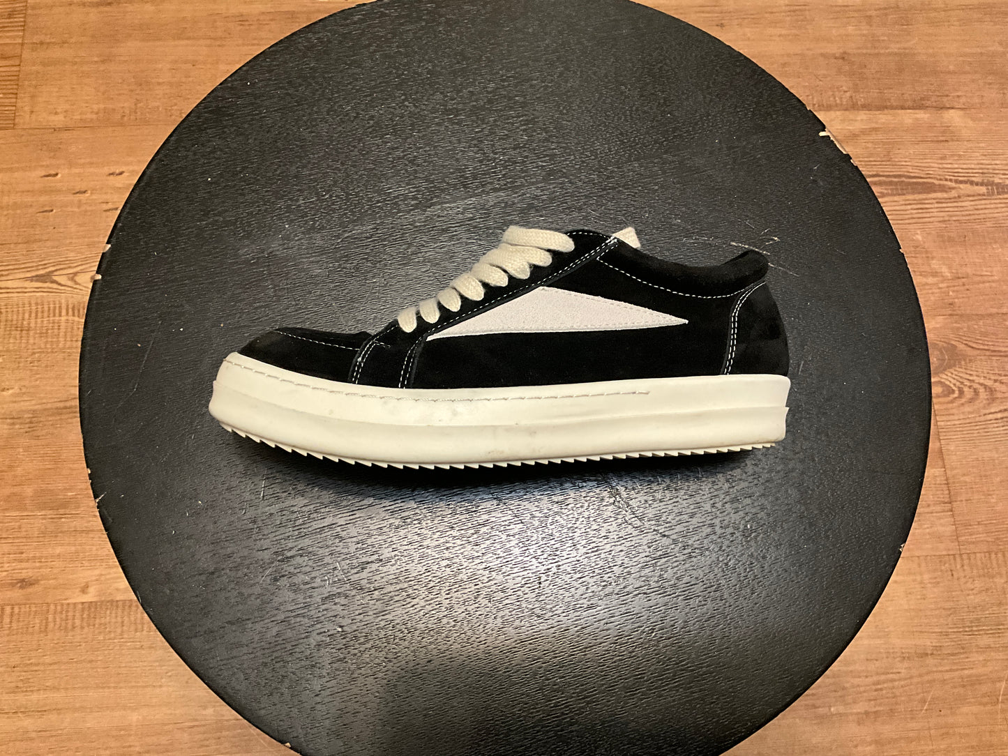 Rick Owens Vintage Low Sneaks Black Milk Suede Oversized Lace Designer Sneakers - 10.5”