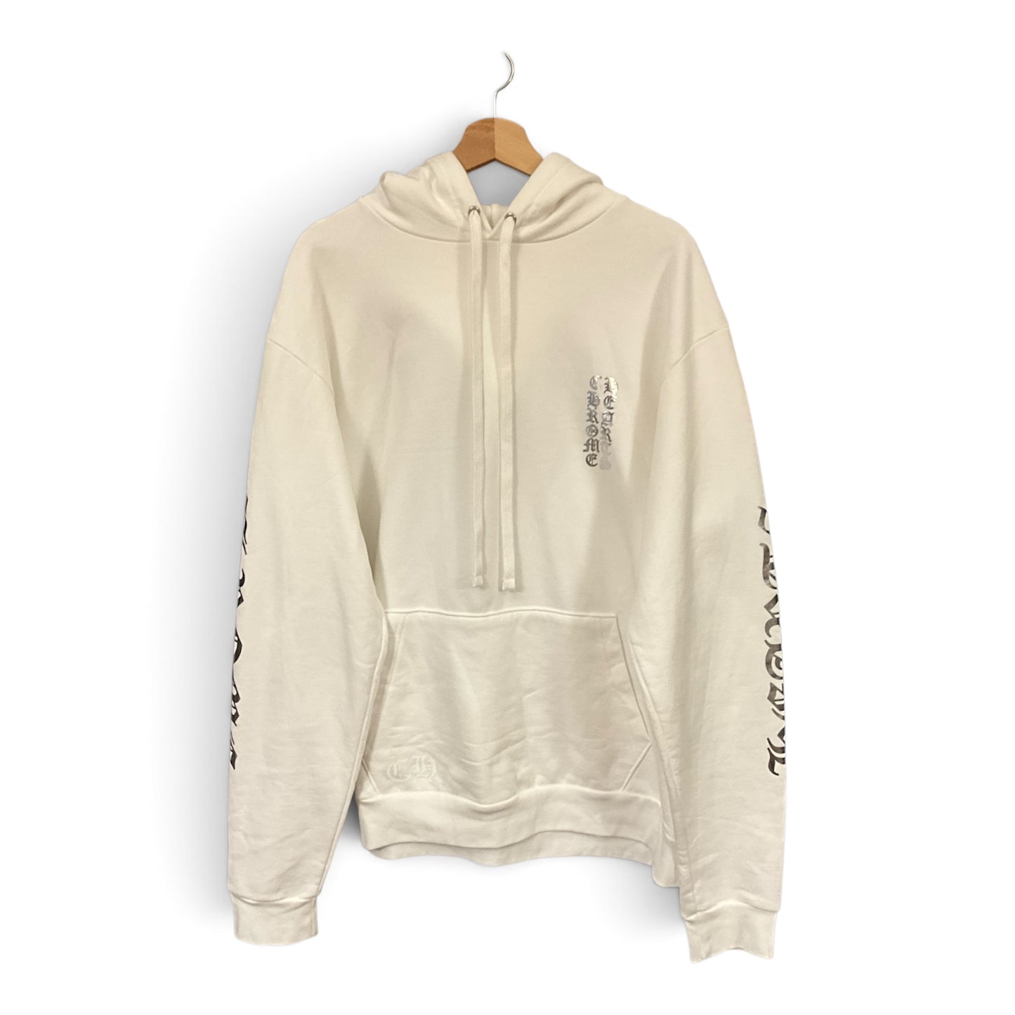 Chrome Hearts Vertical Logo Hoodie White with Silver Graphic Size L