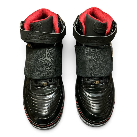 Air Jordan Fusion 20 Black Stealth Varsity Red Patent Leather Sneakers 12.5”