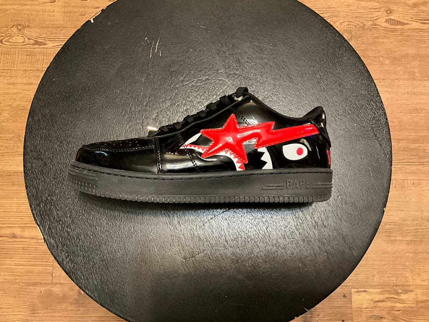 A Bathing Ape Bapesta Low Black Shark Face Patent Leather Sneakers Red Shark Size 10