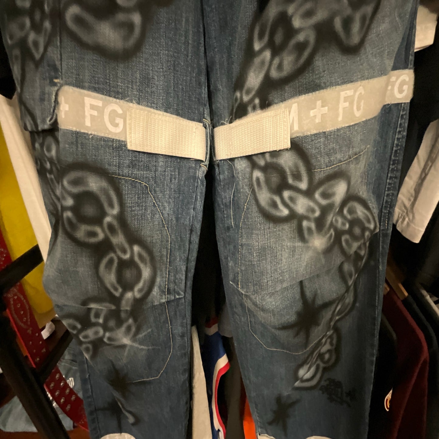 Marithé + François Girbaud Cargo Pants Big Skull Custom Airbrush Chains Stars Custom Art 34x33