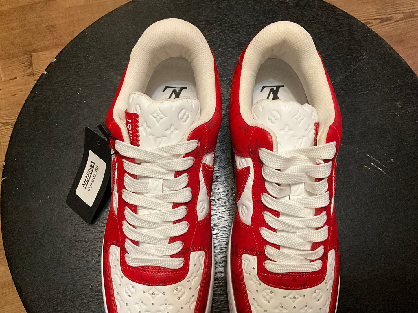 Louis Vuitton x Nike Air Force 1 Low White Comet Red 9” by Virgil Abloh Monogram Leather Sneakers