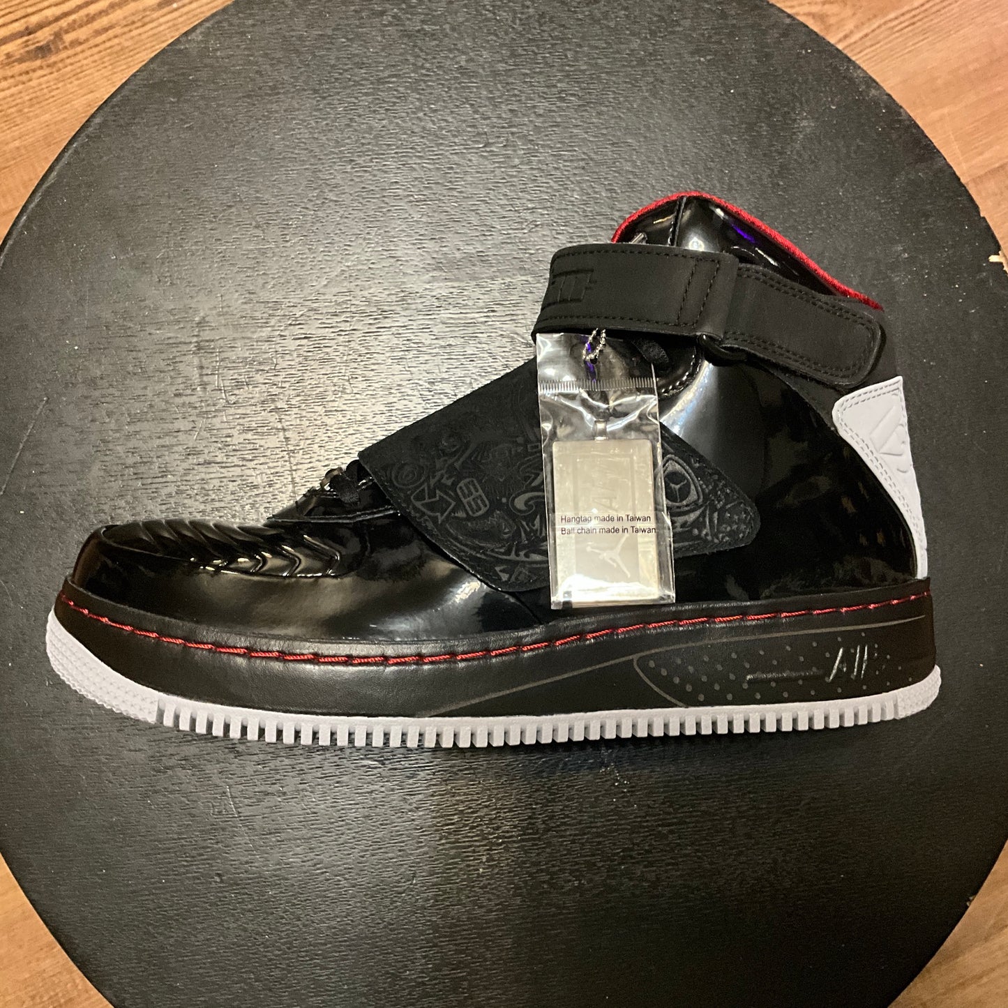 Air Jordan Fusion 20 Black Stealth Varsity Red Patent Leather Sneakers 12.5”