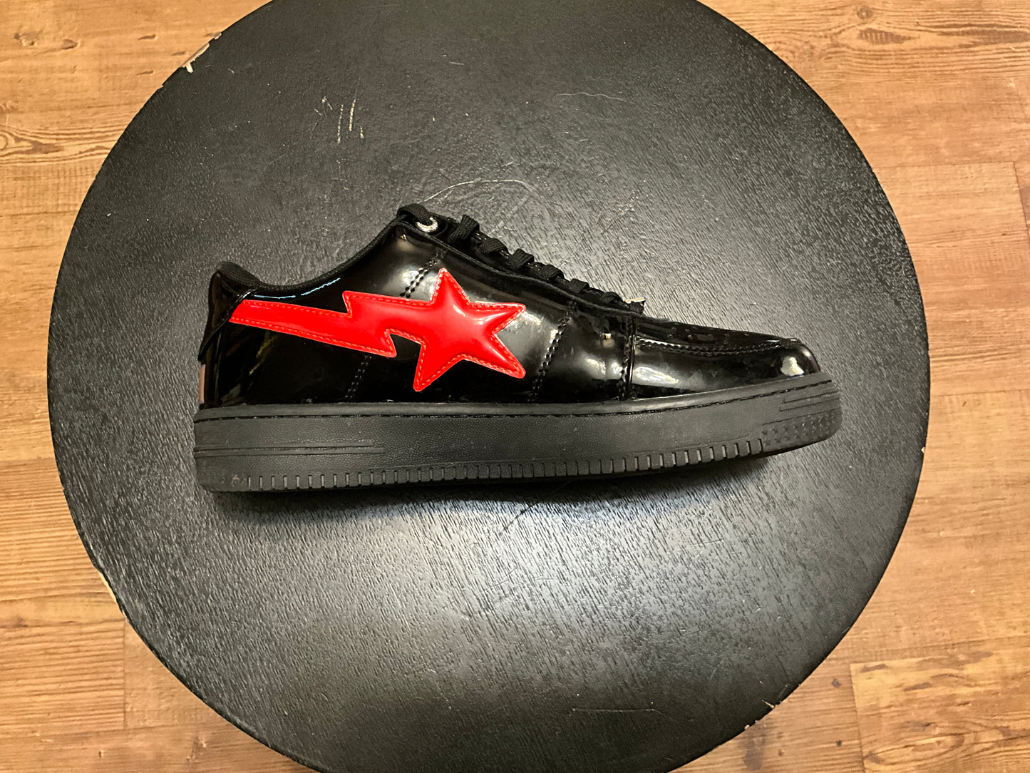 A Bathing Ape Bapesta Low Black Shark Face Patent Leather Sneakers Red Shark Size 10