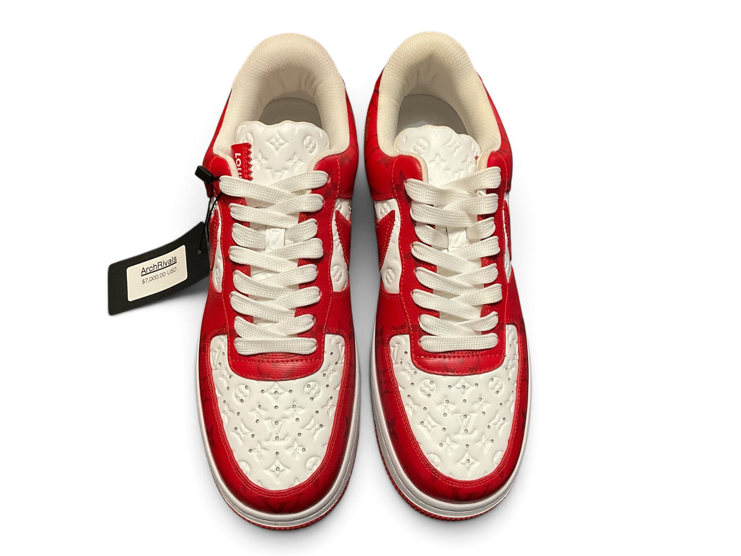 Louis Vuitton x Nike Air Force 1 Low White Comet Red 9” by Virgil Abloh Monogram Leather Sneakers