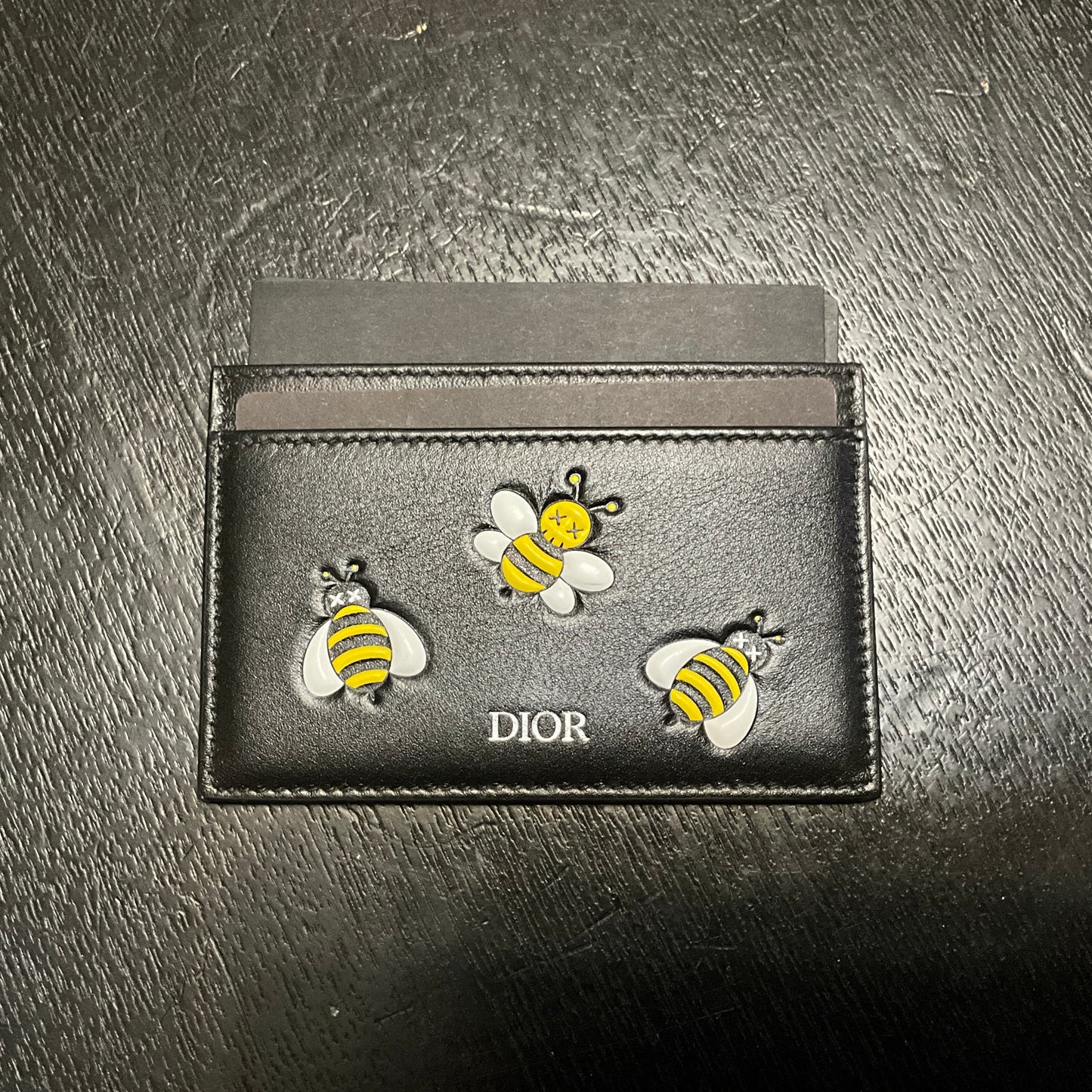 Dior x KAWS Bee Card Holder Black Calfskin Yellow White Bees