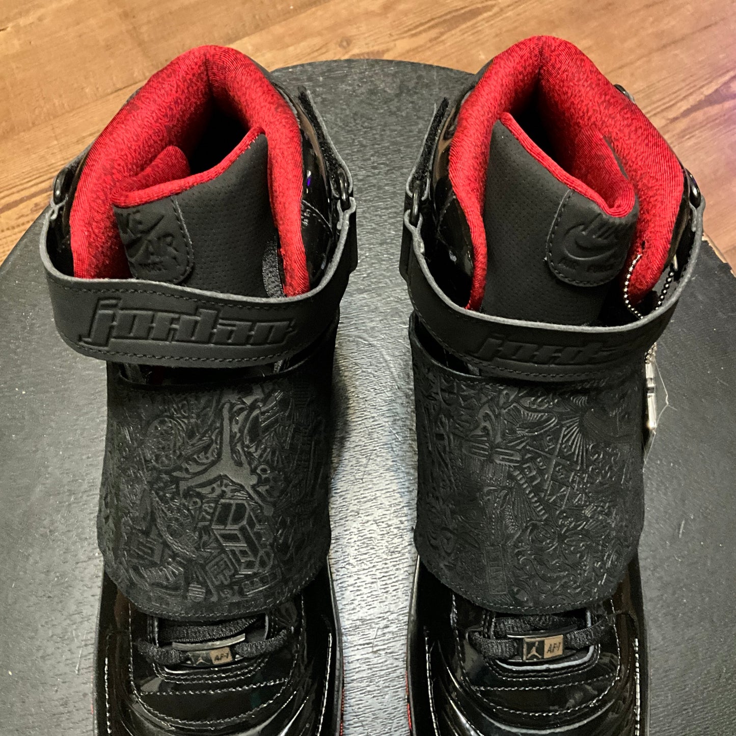 Air Jordan Fusion 20 Black Stealth Varsity Red Patent Leather Sneakers 12.5”