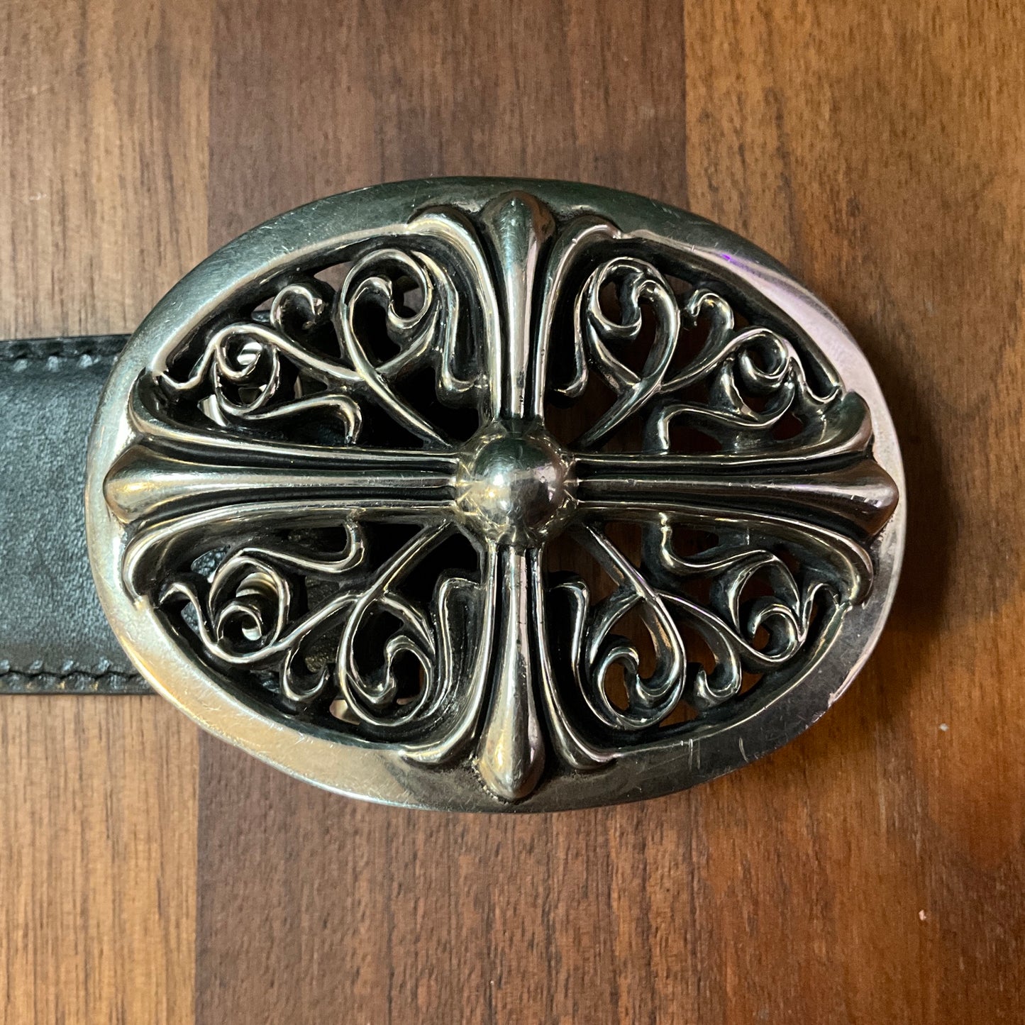 Chrome Hearts Oval Cross Belt Black Leather Sterling Silver Buckle Designer Luxury Belt