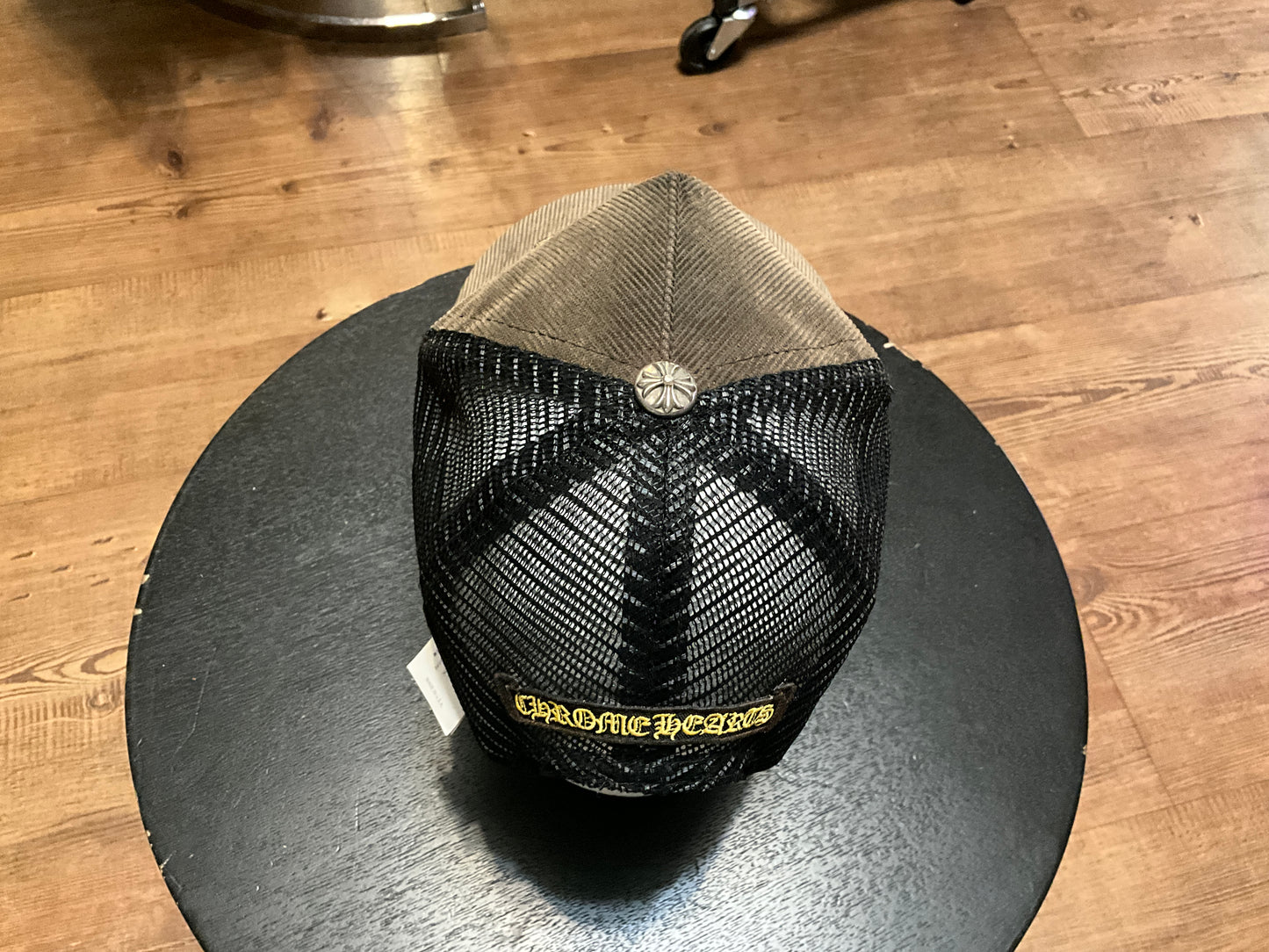 Chrome Hearts Hollywood Corduroy Trucker Hat Black Gold Gothic CH Patch