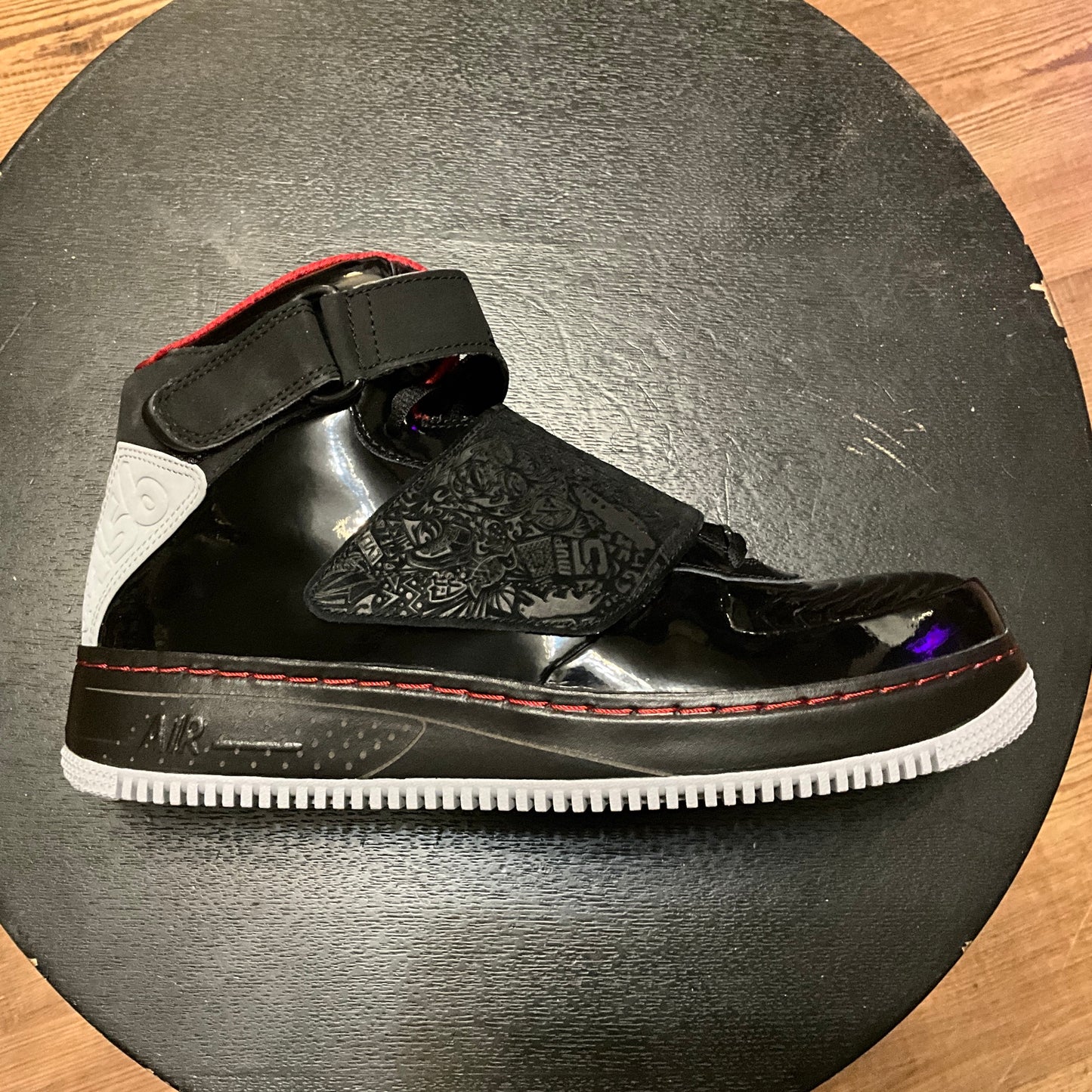 Air Jordan Fusion 20 Black Stealth Varsity Red Patent Leather Sneakers 12.5”