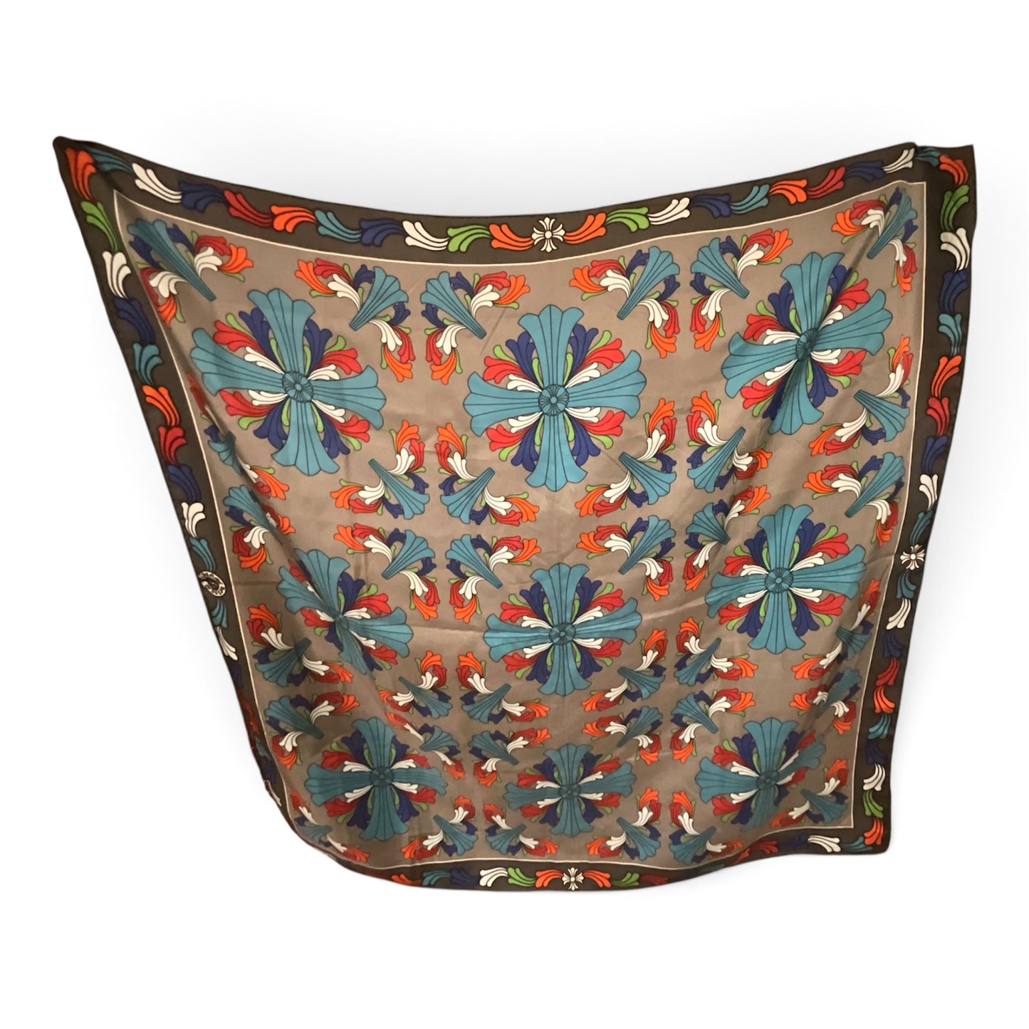 Chrome Hearts Ceiling Silk Scarf Grey Multicolor Floral Cross Pattern Luxury Designer Scarf