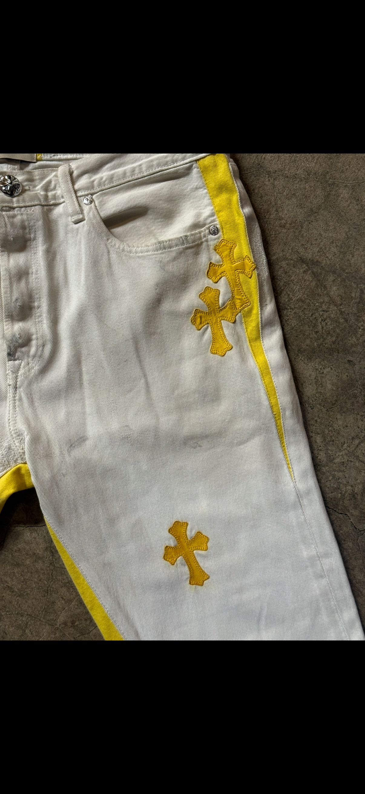 Chrome Hearts Levis White and Yellow Cross Patch Jeans