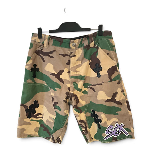 Chrome Hearts x Matty Boy Sex Records Woodland Camo Carpenter Shorts Leather Cross Patches