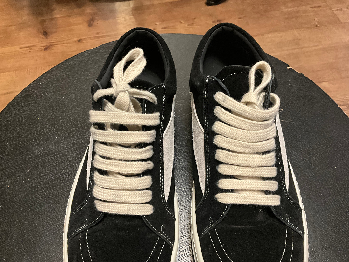 Rick Owens Vintage Low Sneaks Black Milk Suede Oversized Lace Designer Sneakers - 10.5”